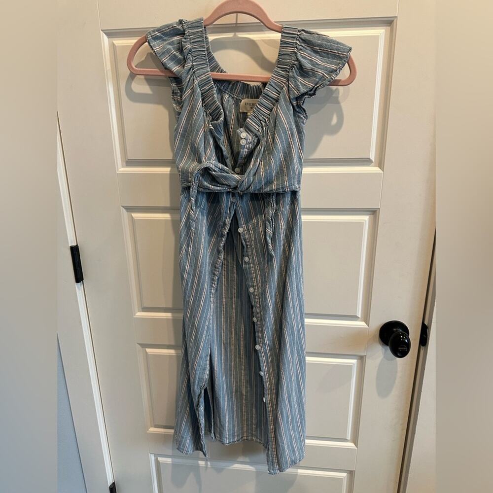 Everly MED Striped Poplin Ruffle Sleeve Button Down Shirt Dress Coastal Preppy